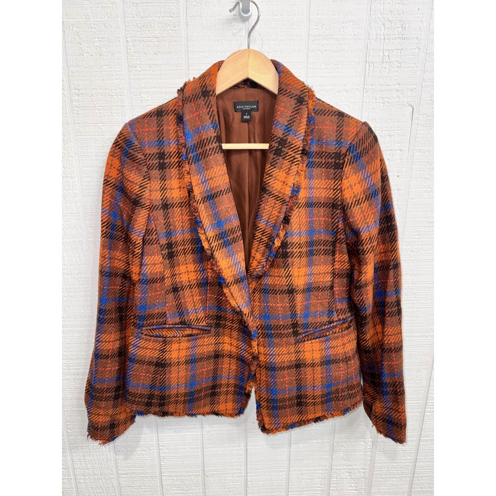 Ann Taylor Factory Blazer Women Orange Blue Plaid Frayed Edge Tweed Jacket 4